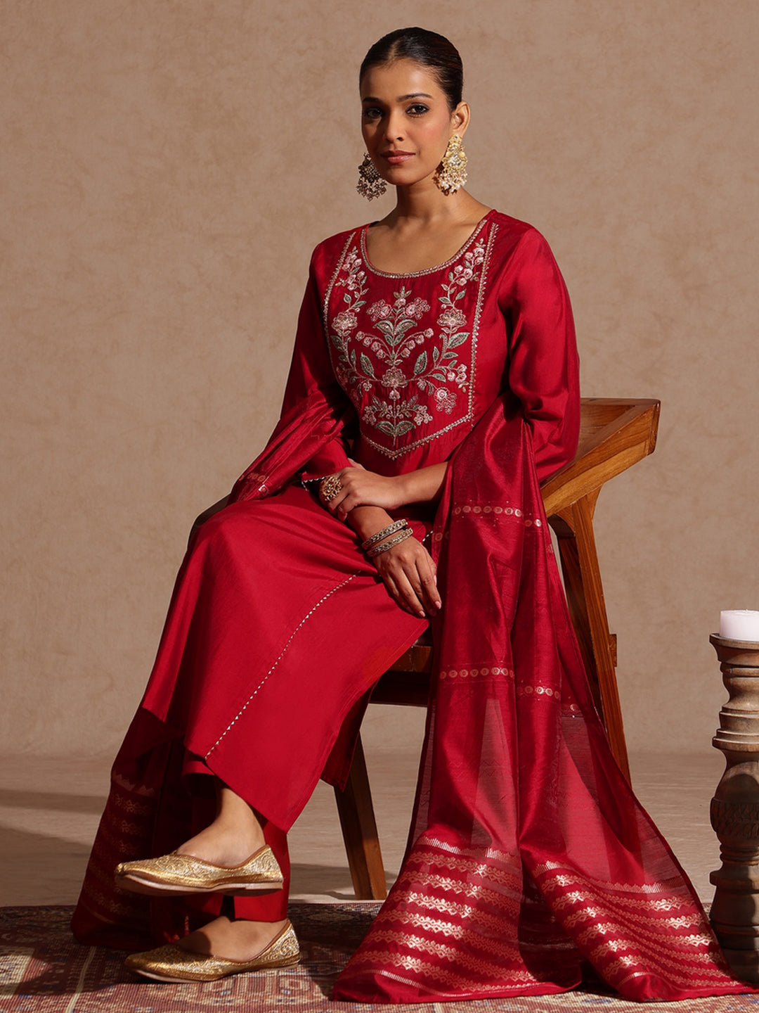 Ninnique Women's Maroon Chanderi Silk Zari Yoke Embroidered Straight Kurta Set