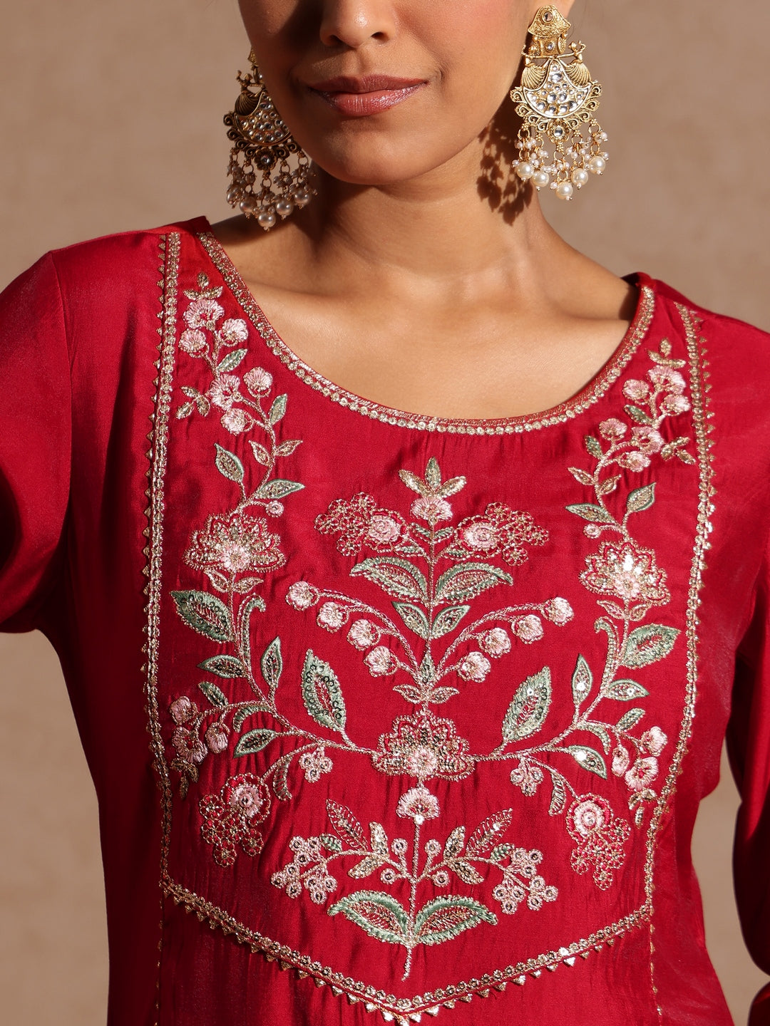 Ninnique Women's Maroon Chanderi Silk Zari Yoke Embroidered Straight Kurta Set