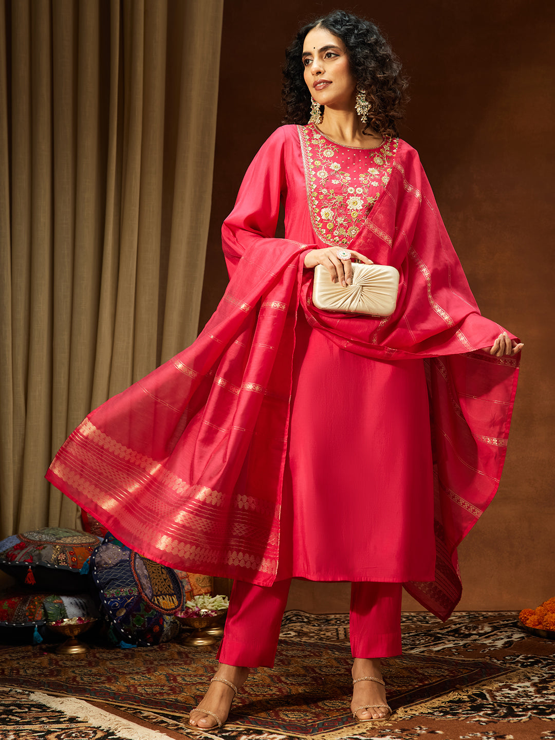 Ninnique Women's Pink Chanderi Silk Zari Yoke Embroidered Straight Kurta Set