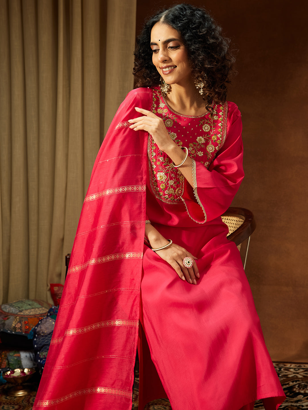 Ninnique Women's Pink Chanderi Silk Zari Yoke Embroidered Straight Kurta Set