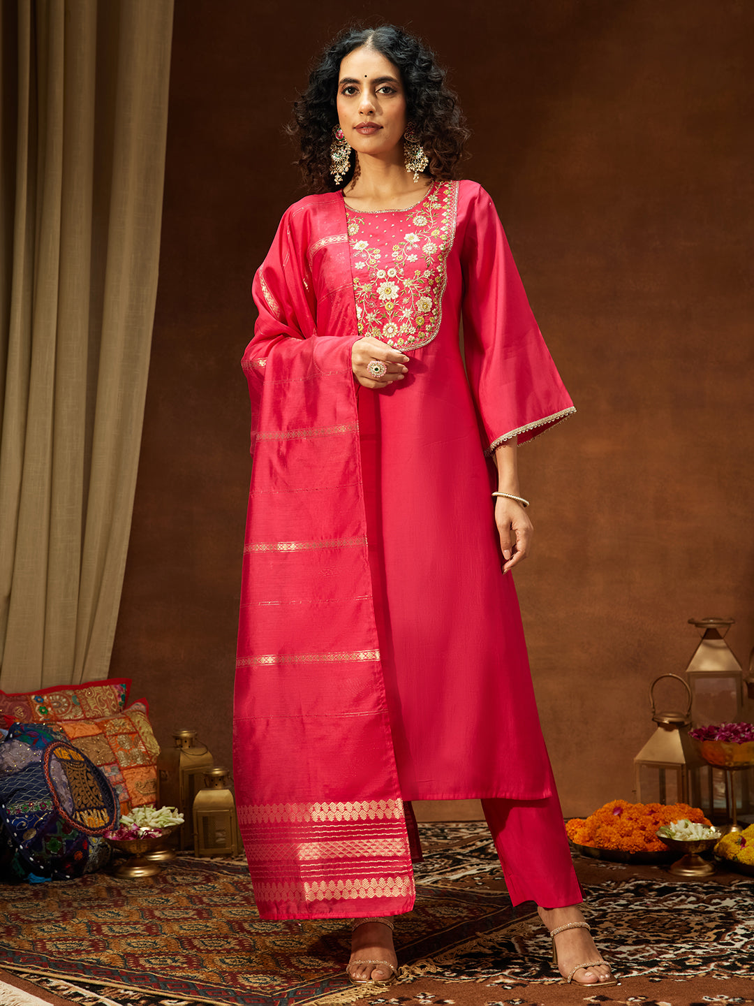 Ninnique Women's Pink Chanderi Silk Zari Yoke Embroidered Straight Kurta Set