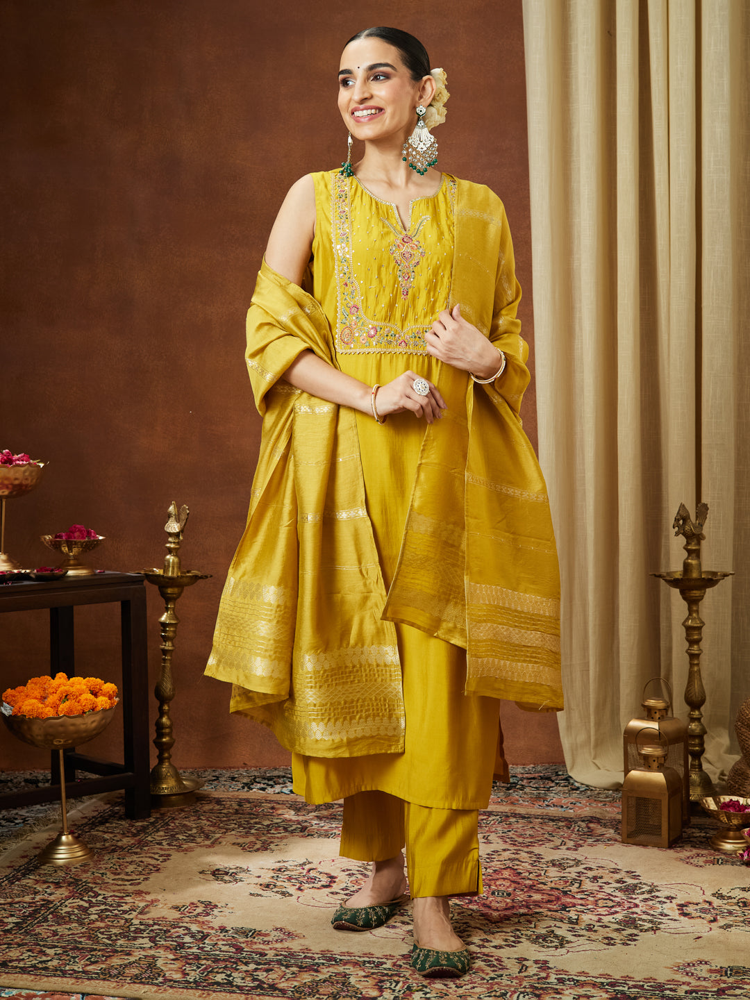 Ninnique Women's Mustard Chanderi Silk Yoke Embroidered Straight Kurta Set