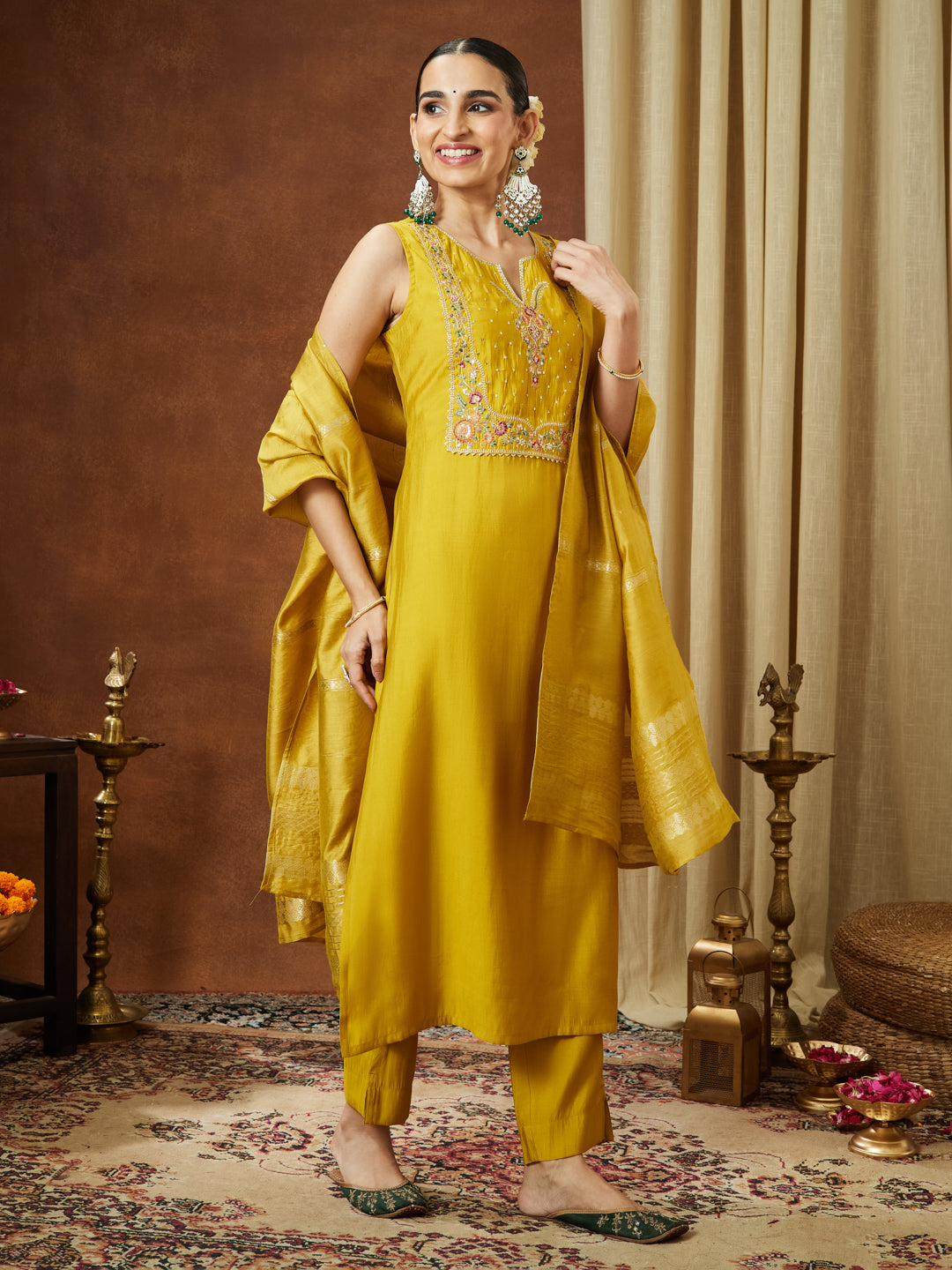 Ninnique Women's Mustard Chanderi Silk Yoke Embroidered Straight Kurta Set