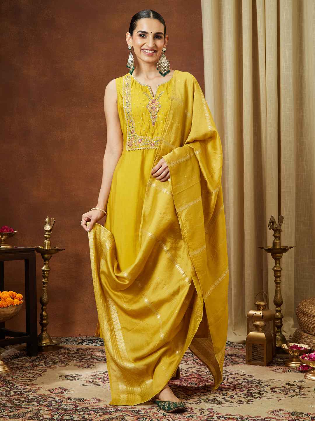 Ninnique Women's Mustard Chanderi Silk Yoke Embroidered Straight Kurta Set