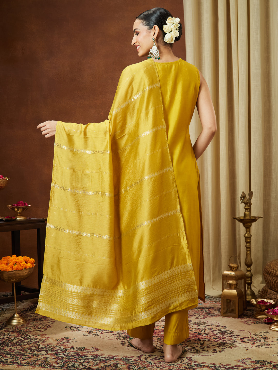 Ninnique Women's Mustard Chanderi Silk Yoke Embroidered Straight Kurta Set