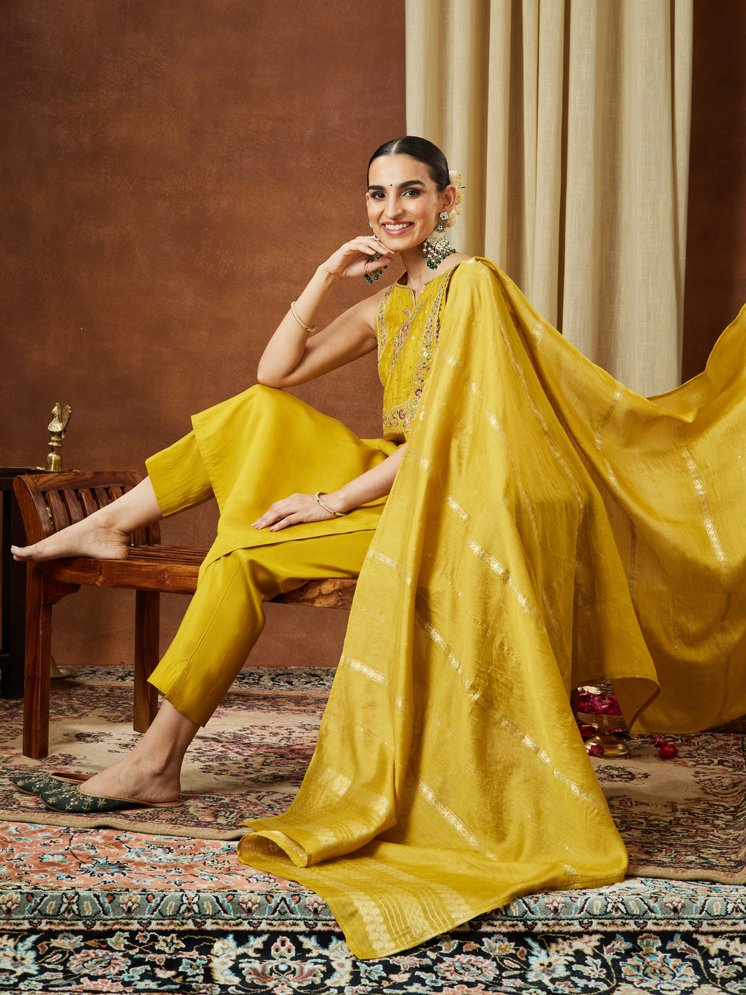 Ninnique Women's Mustard Chanderi Silk Yoke Embroidered Straight Kurta Set