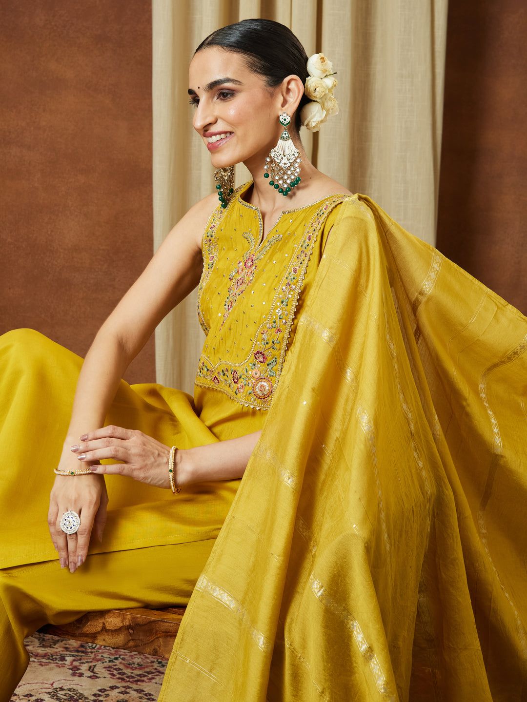 Ninnique Women's Mustard Chanderi Silk Yoke Embroidered Straight Kurta Set
