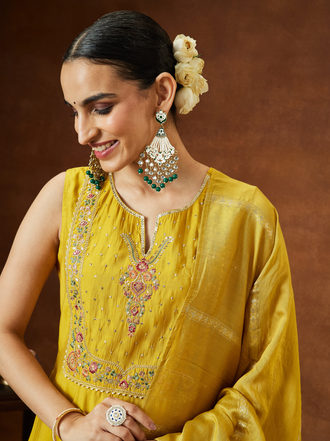 Ninnique Women's Mustard Chanderi Silk Yoke Embroidered Straight Kurta Set