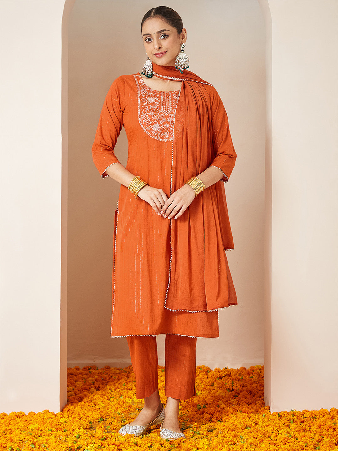 Ninnique Women's Orange Pure Cotton Embellished Yoke Design Straight Kurta Set