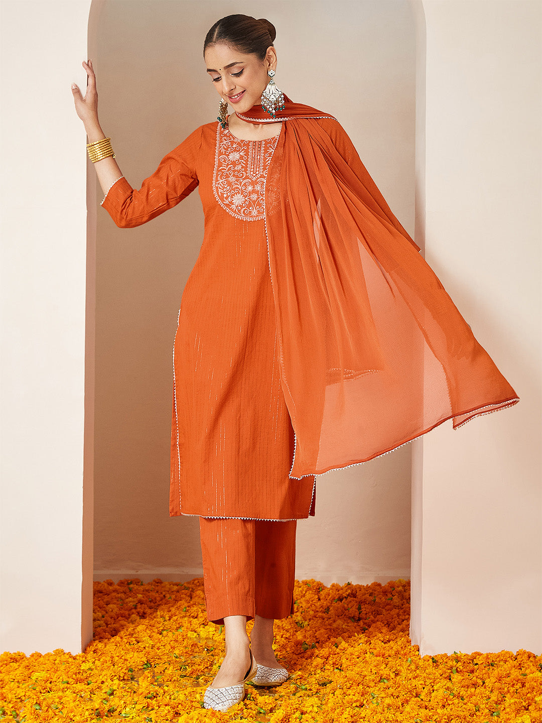 Ninnique Women's Orange Pure Cotton Embellished Yoke Design Straight Kurta Set