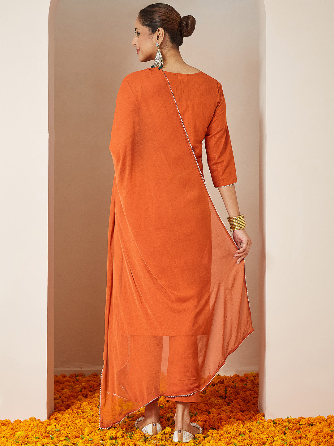Ninnique Women's Orange Pure Cotton Embellished Yoke Design Straight Kurta Set