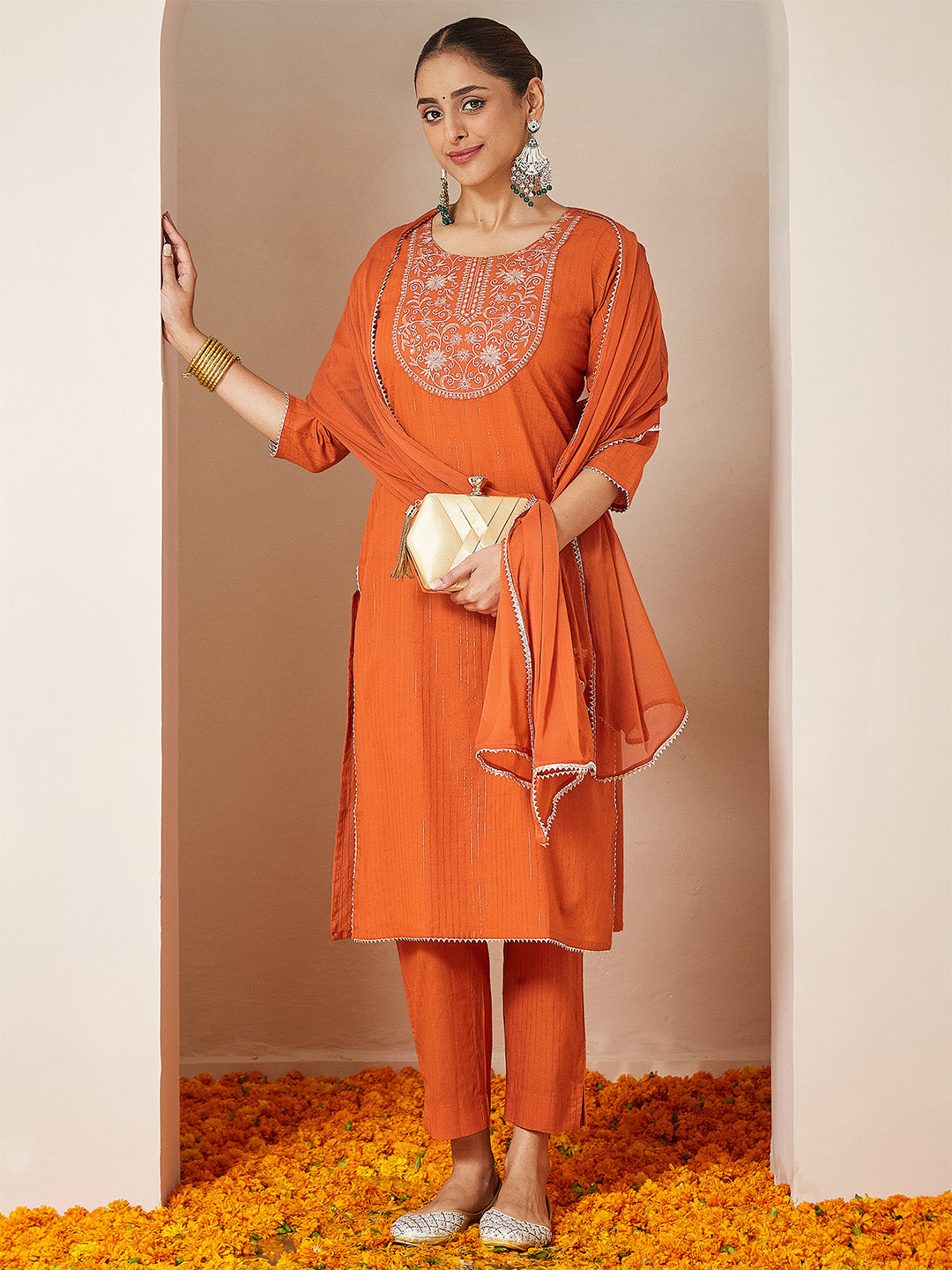 Ninnique Women's Orange Pure Cotton Embellished Yoke Design Straight Kurta Set