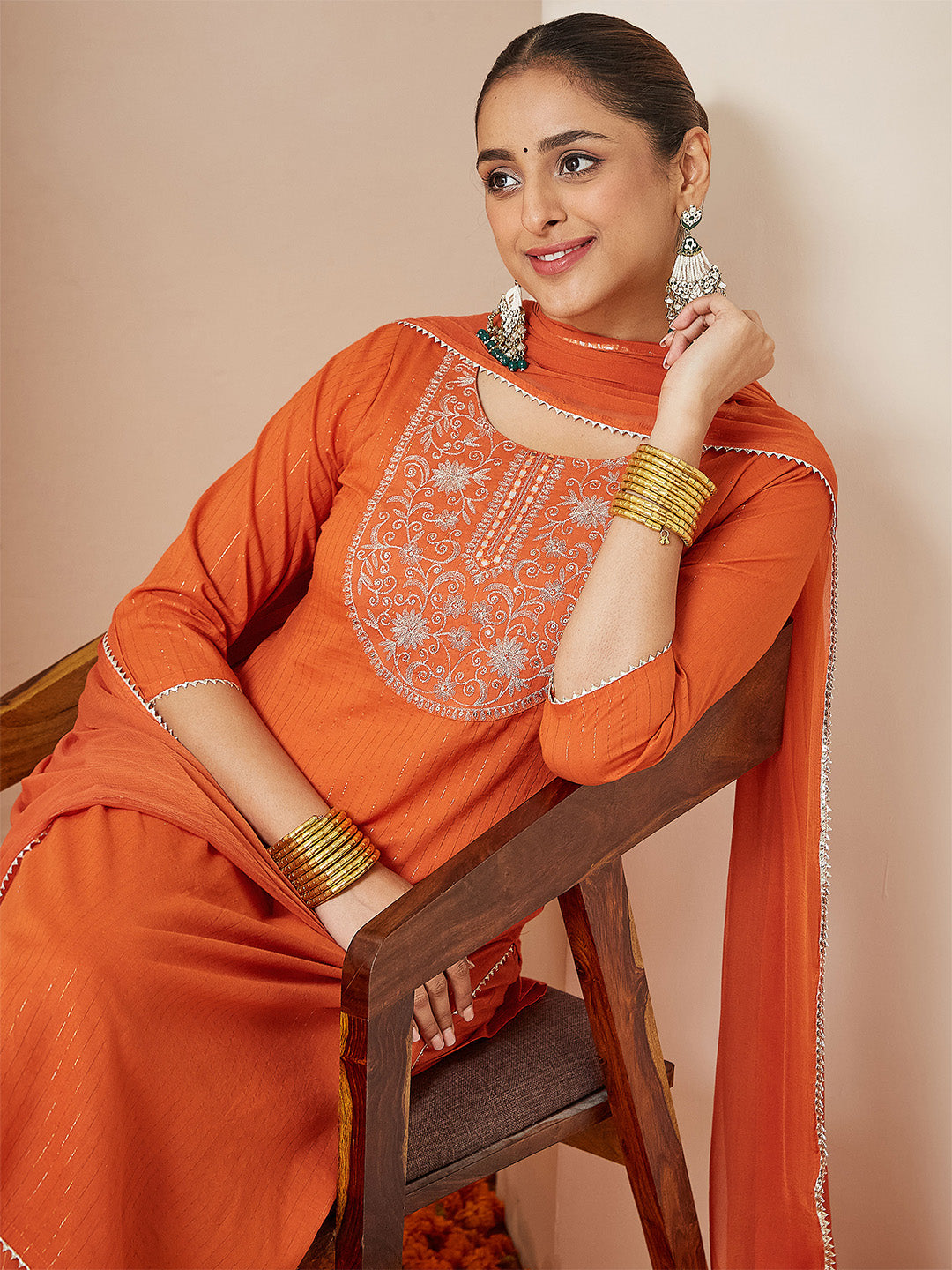 Ninnique Women's Orange Pure Cotton Embellished Yoke Design Straight Kurta Set