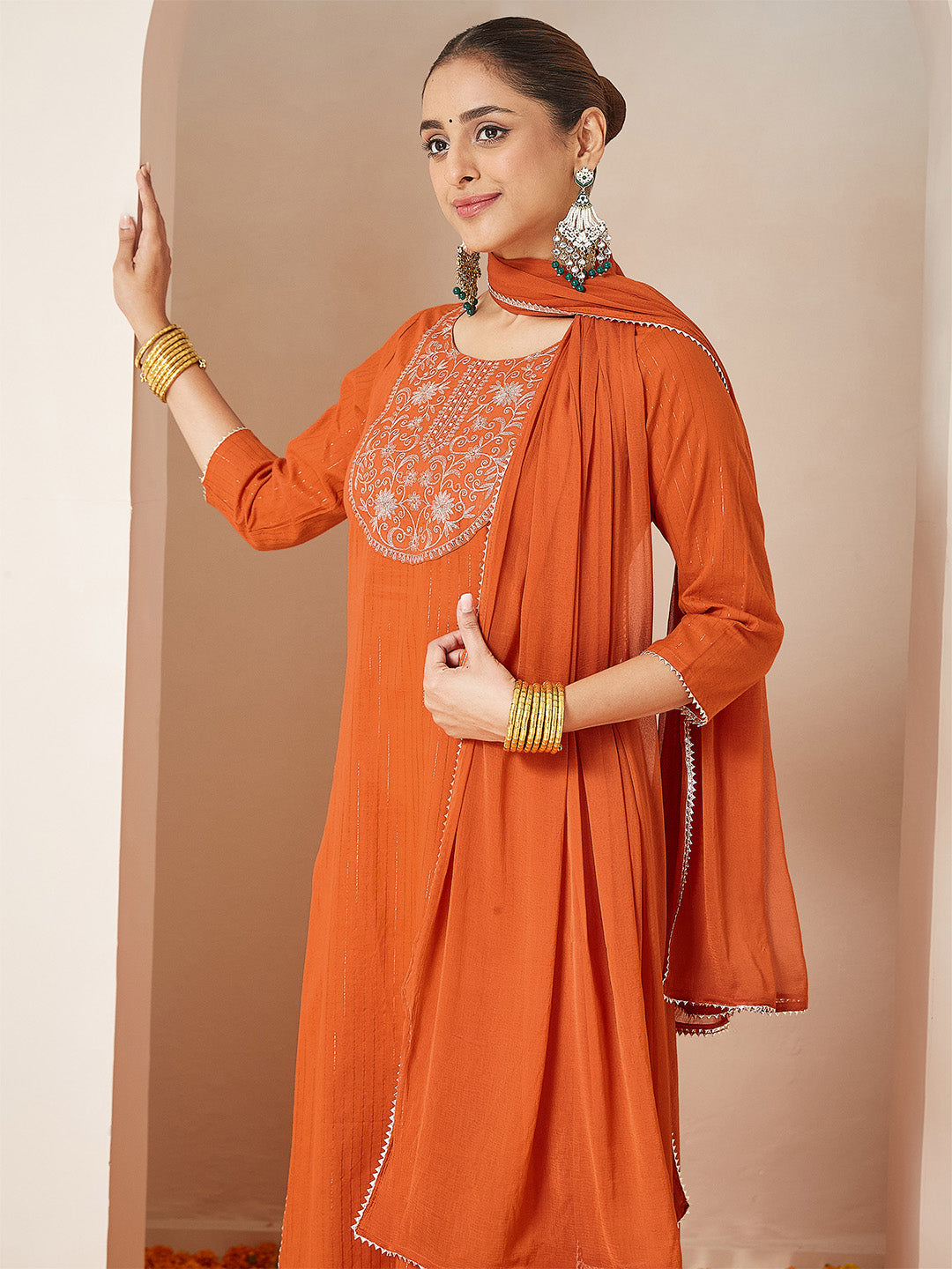 Ninnique Women's Orange Pure Cotton Embellished Yoke Design Straight Kurta Set