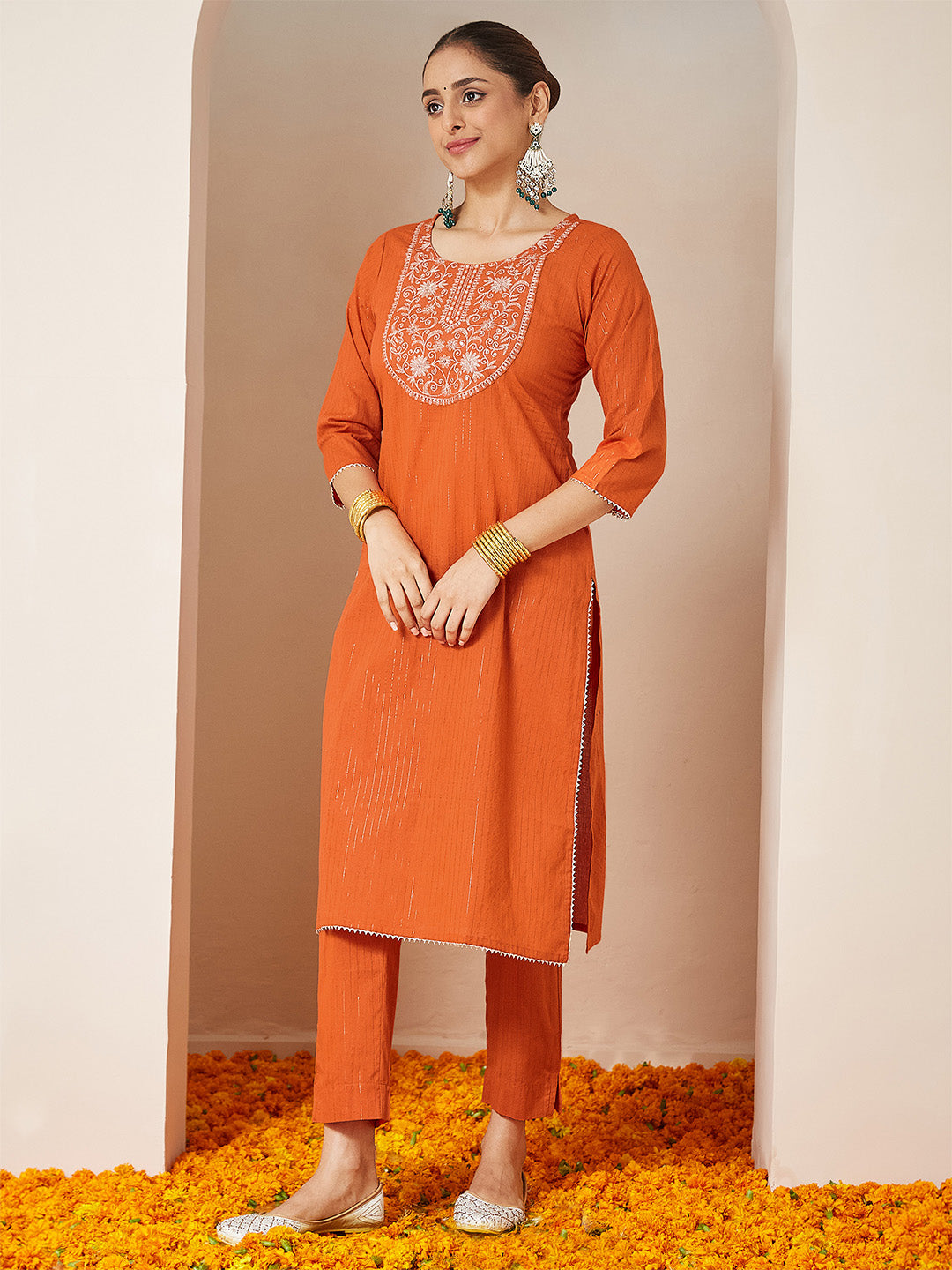 Ninnique Women's Orange Pure Cotton Embellished Yoke Design Straight Kurta Set