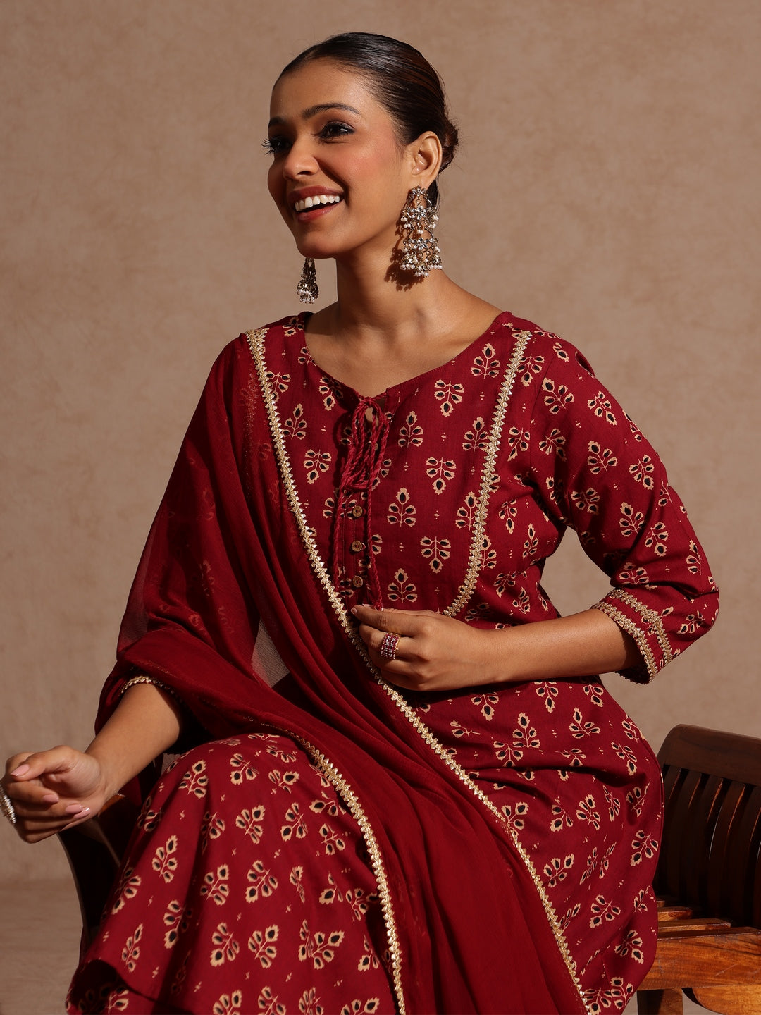 Ninnique Women's Maroon Pure Cotton Floral Printed A-line Kurta With Palazzo & Dupatta Set