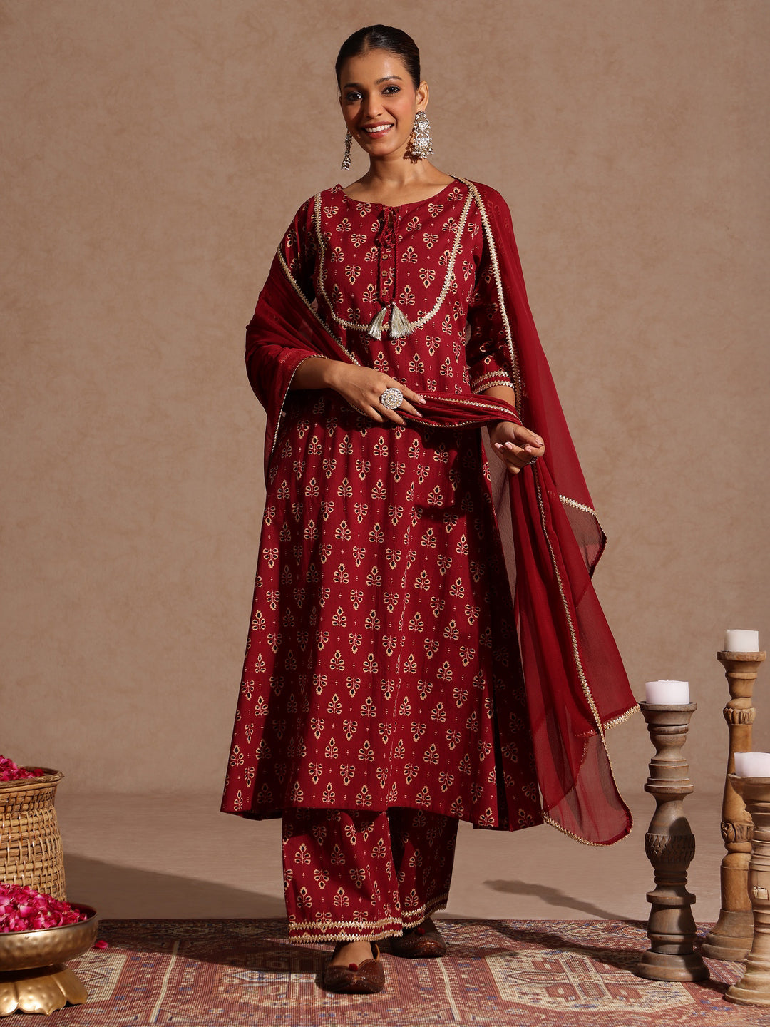 Ninnique Women's Maroon Pure Cotton Floral Printed A-line Kurta With Palazzo & Dupatta Set