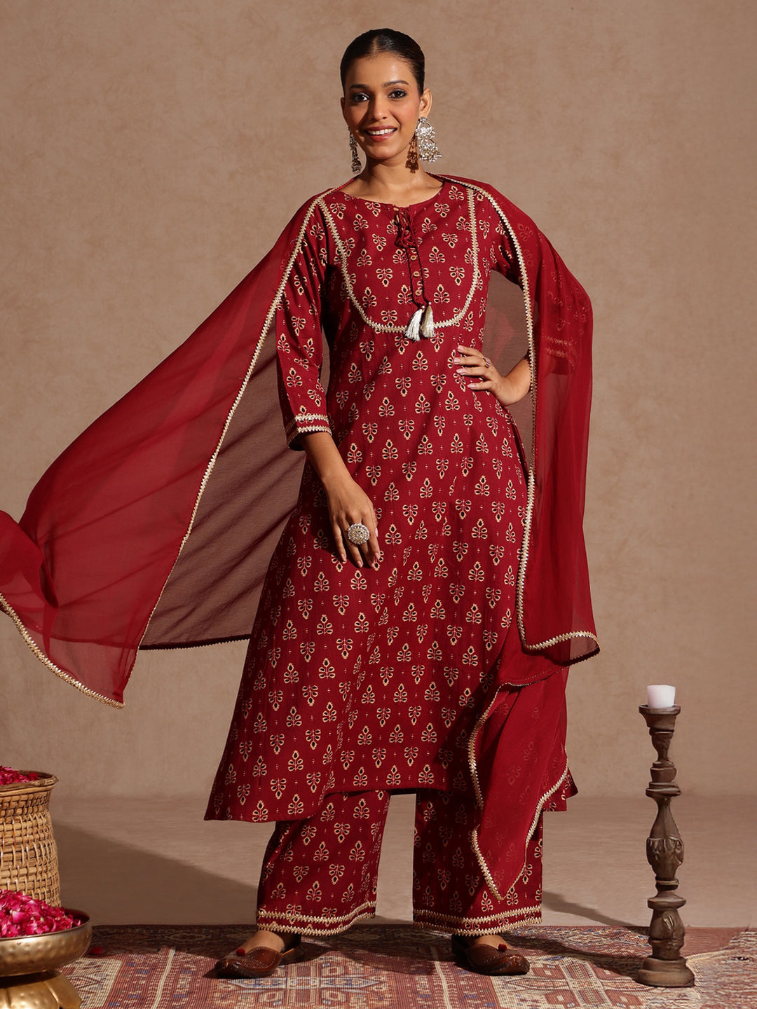 Ninnique Women's Maroon Pure Cotton Floral Printed A-line Kurta With Palazzo & Dupatta Set