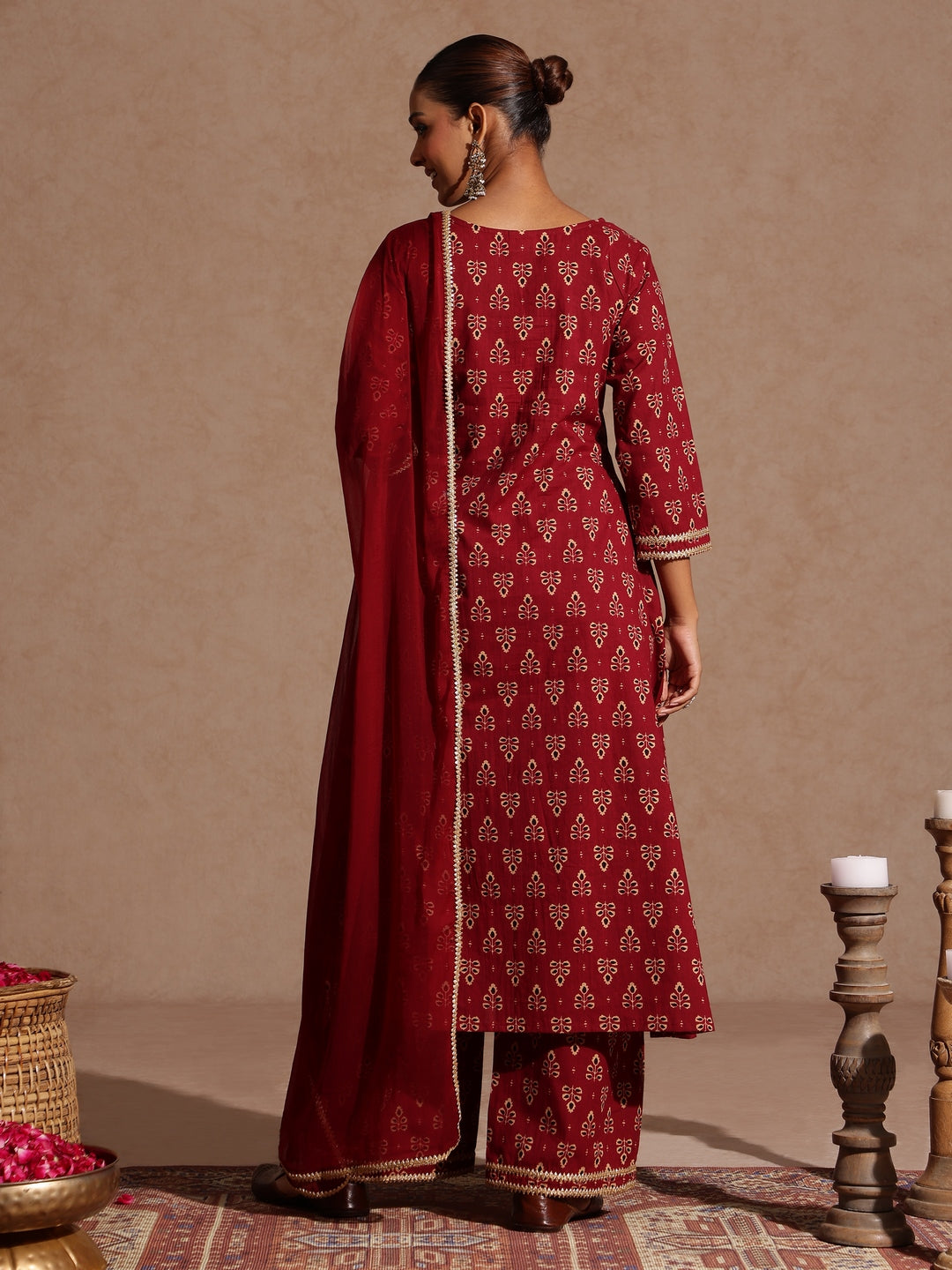 Ninnique Women's Maroon Pure Cotton Floral Printed A-line Kurta With Palazzo & Dupatta Set