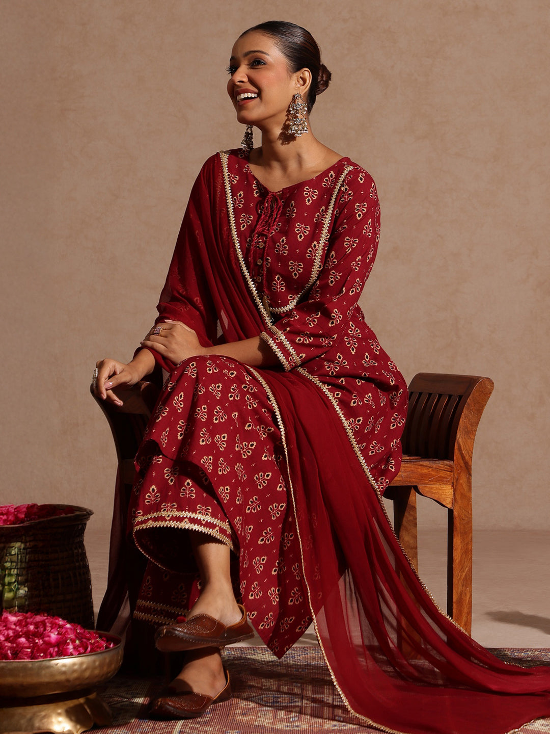 Ninnique Women's Maroon Pure Cotton Floral Printed A-line Kurta With Palazzo & Dupatta Set