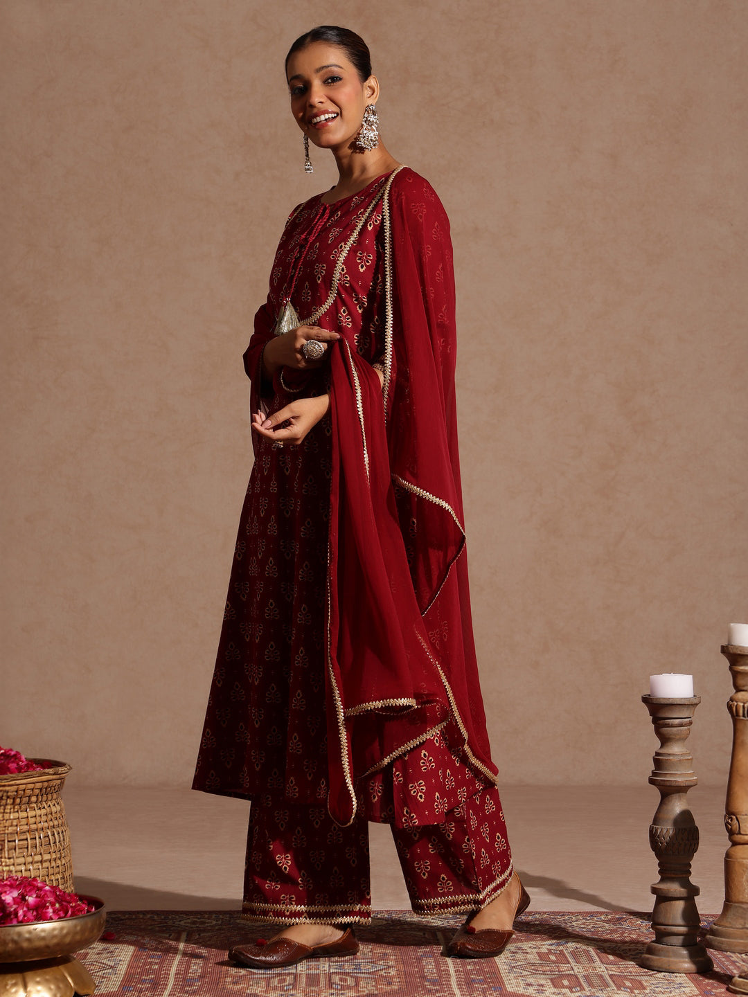 Ninnique Women's Maroon Pure Cotton Floral Printed A-line Kurta With Palazzo & Dupatta Set