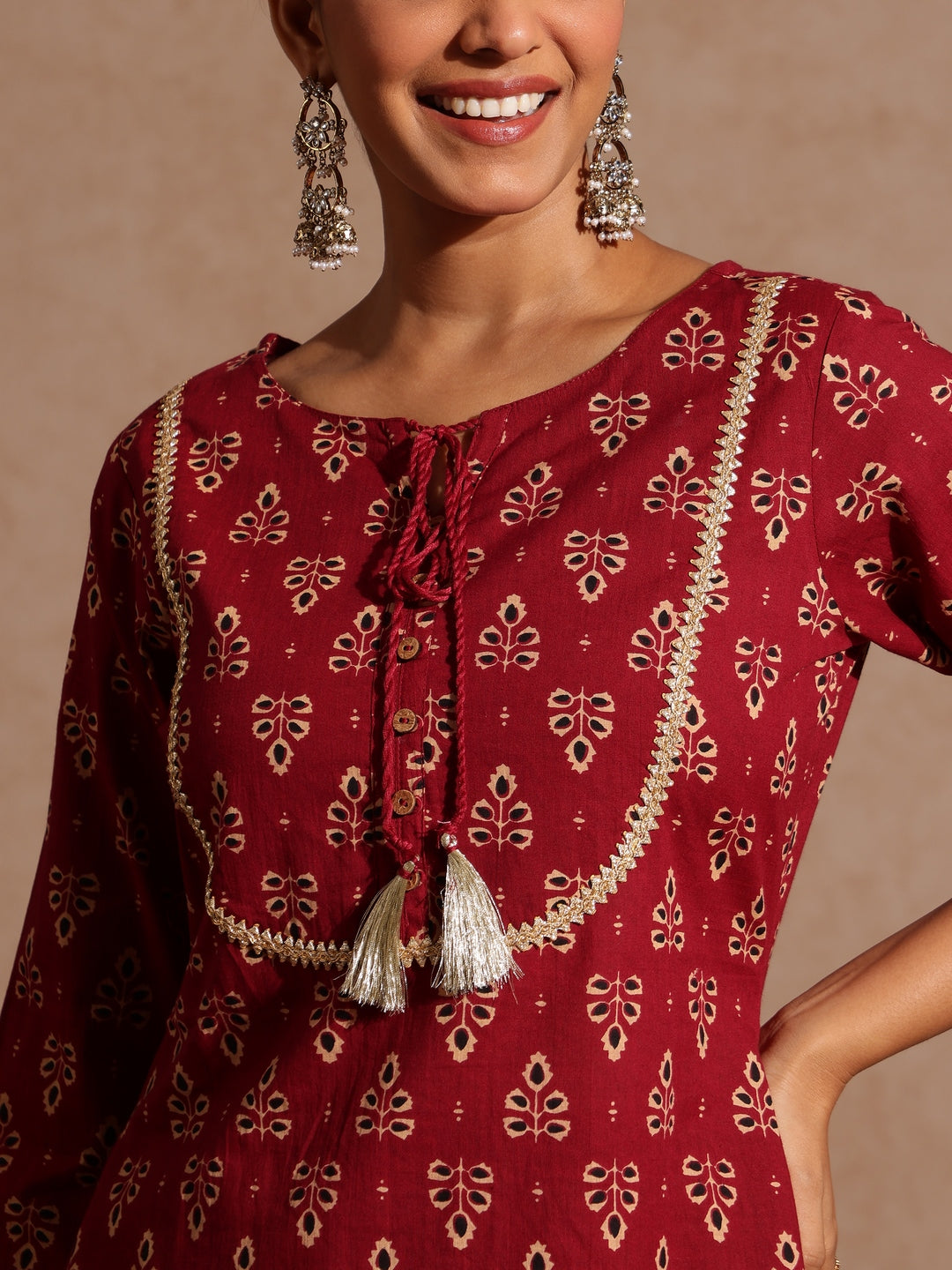 Ninnique Women's Maroon Pure Cotton Floral Printed A-line Kurta With Palazzo & Dupatta Set