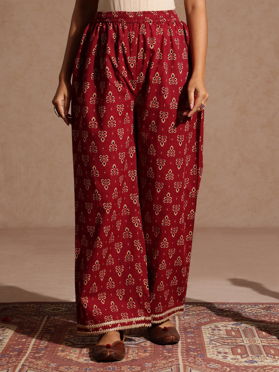 Ninnique Women's Maroon Pure Cotton Floral Printed A-line Kurta With Palazzo & Dupatta Set