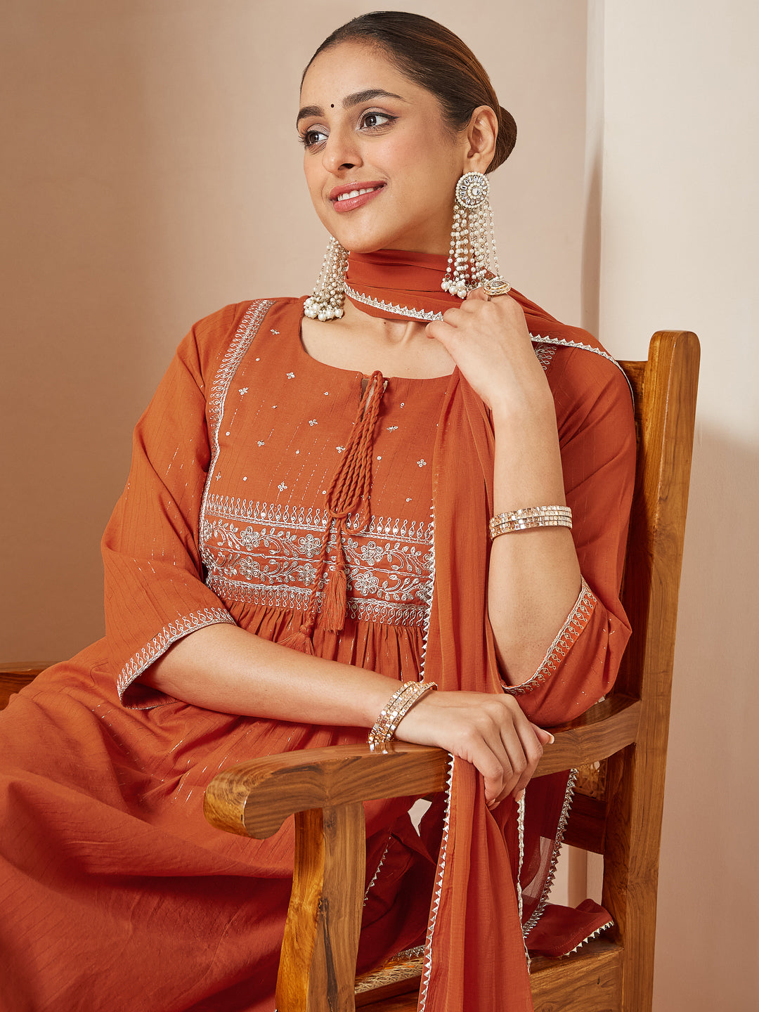 Ninnique Women's Orange Pure Cotton Embroidered A-line Kurta Set
