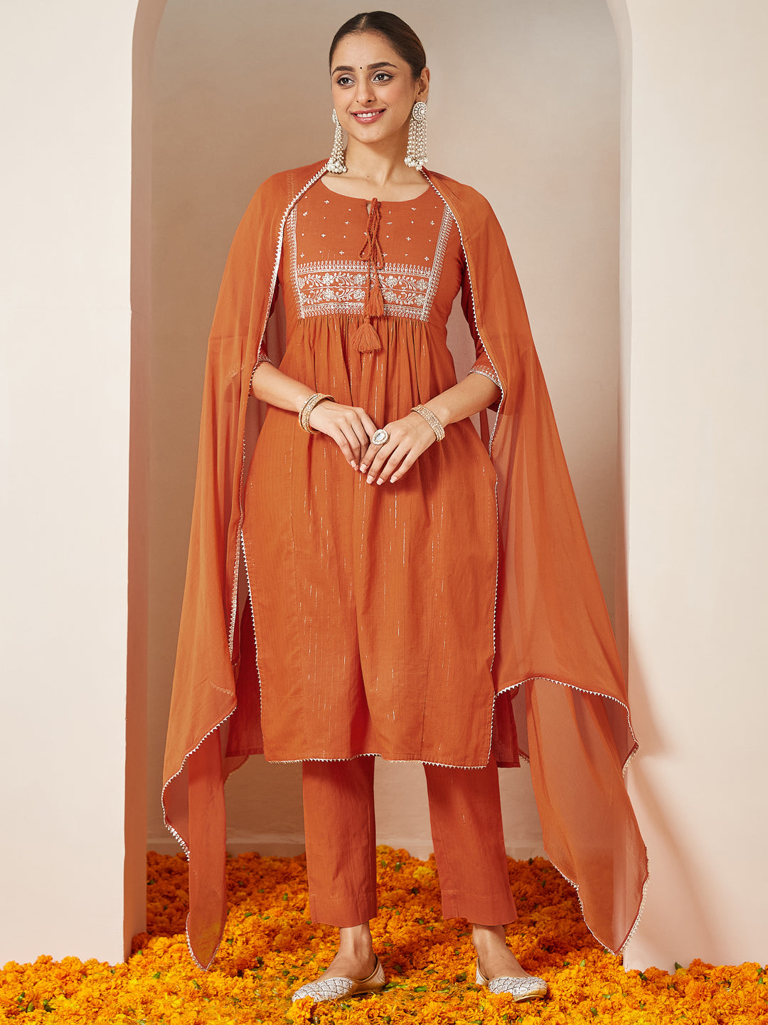 Ninnique Women's Orange Pure Cotton Embroidered A-line Kurta Set