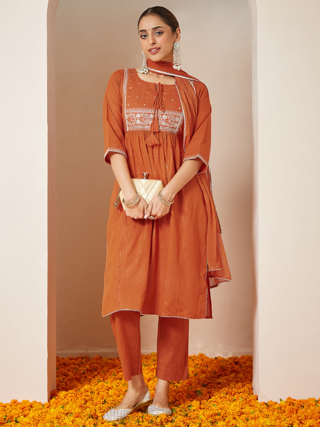 Ninnique Women's Orange Pure Cotton Embroidered A-line Kurta Set