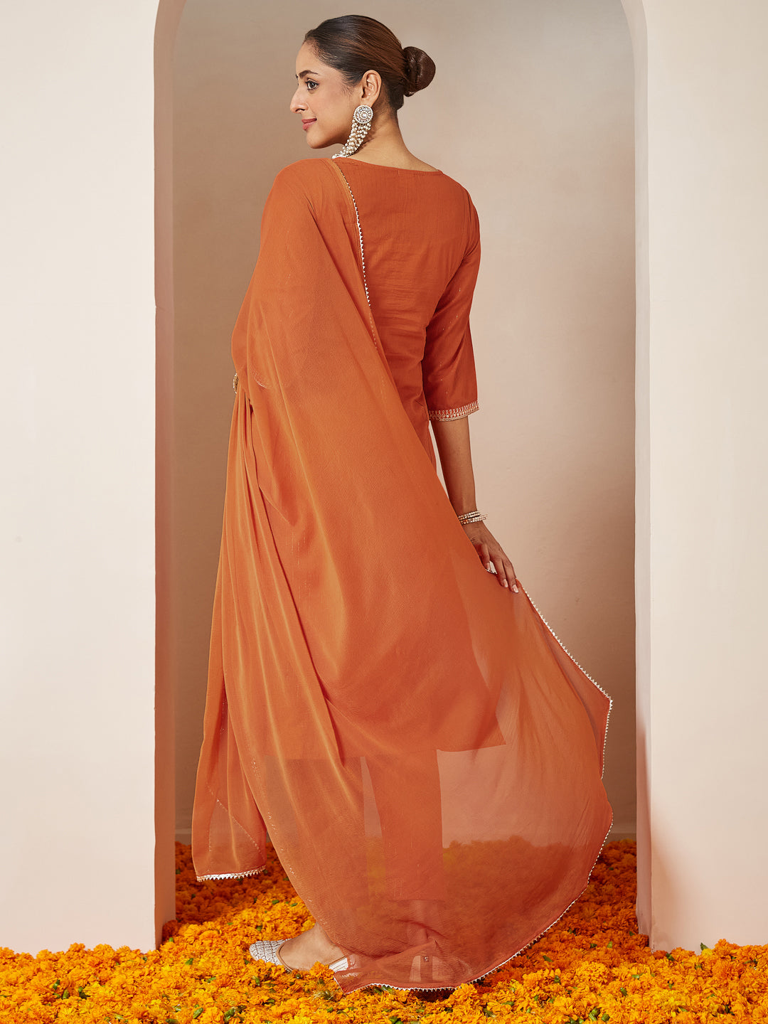 Ninnique Women's Orange Pure Cotton Embroidered A-line Kurta Set