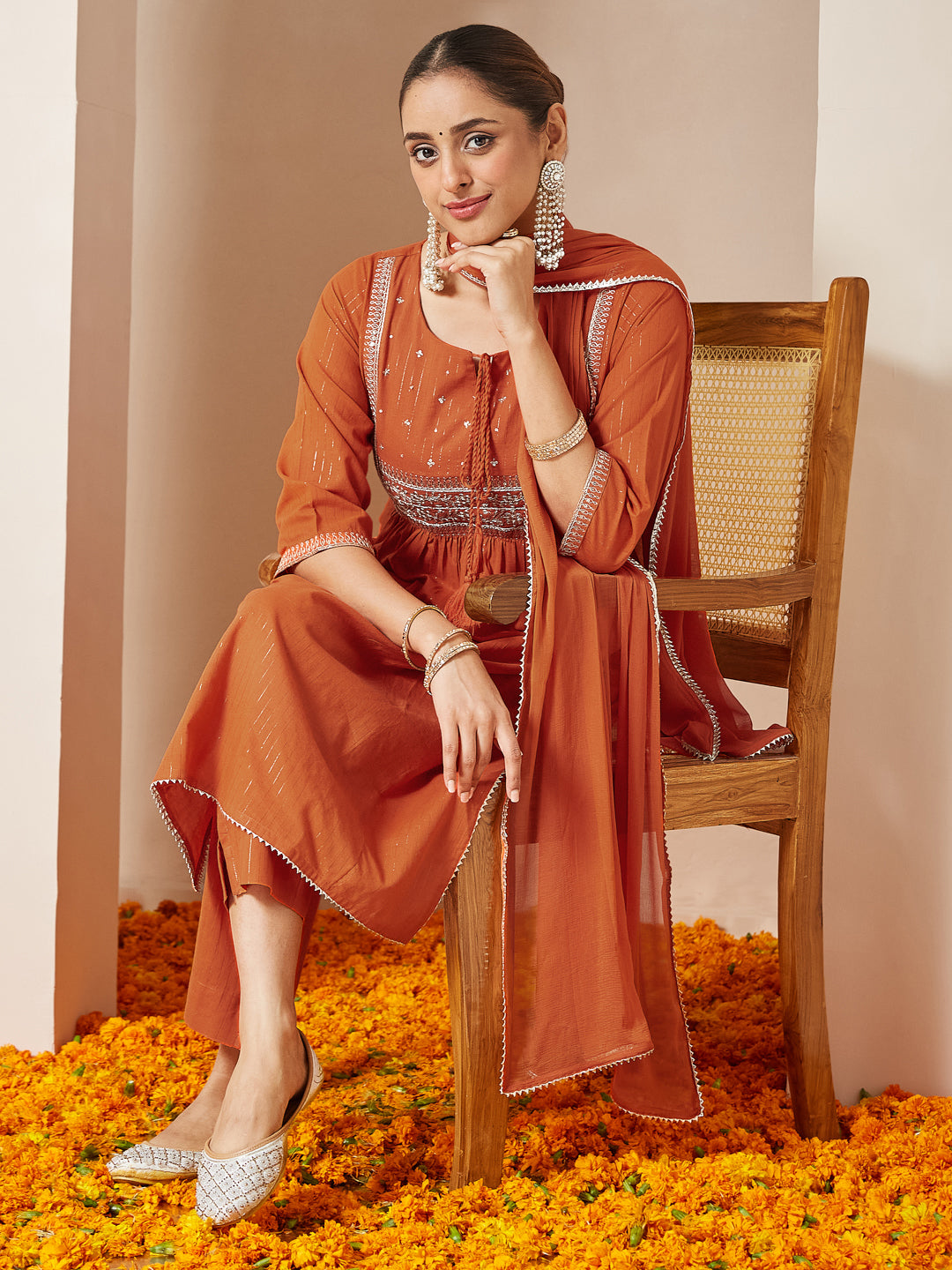 Ninnique Women's Orange Pure Cotton Embroidered A-line Kurta Set