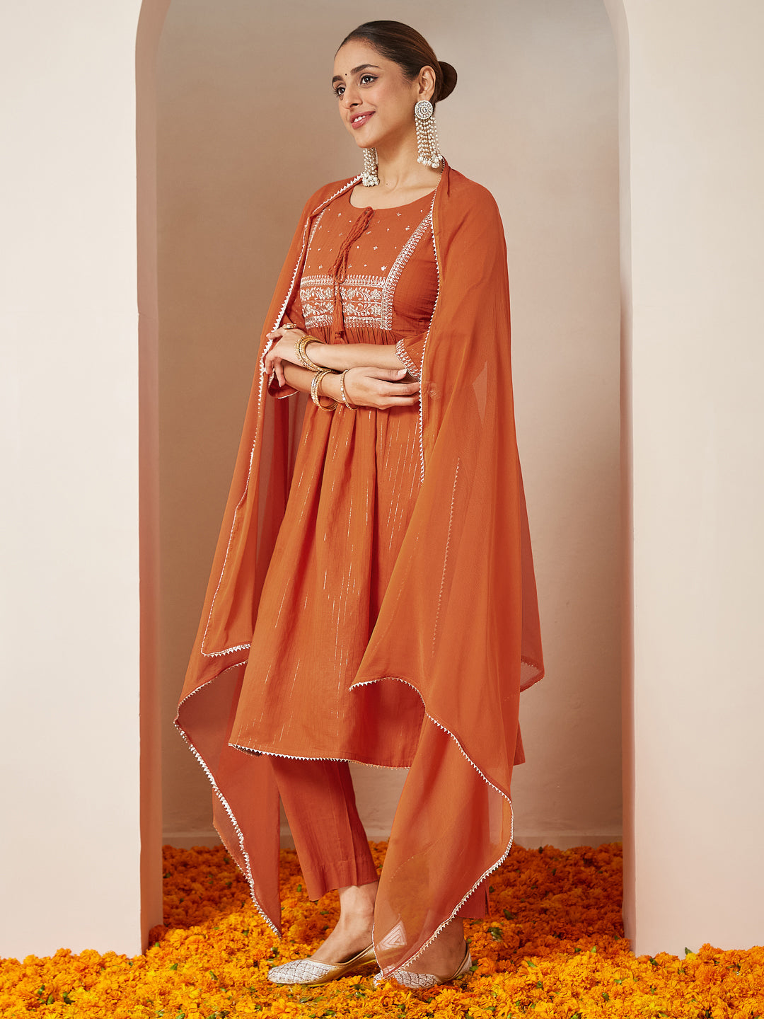 Ninnique Women's Orange Pure Cotton Embroidered A-line Kurta Set