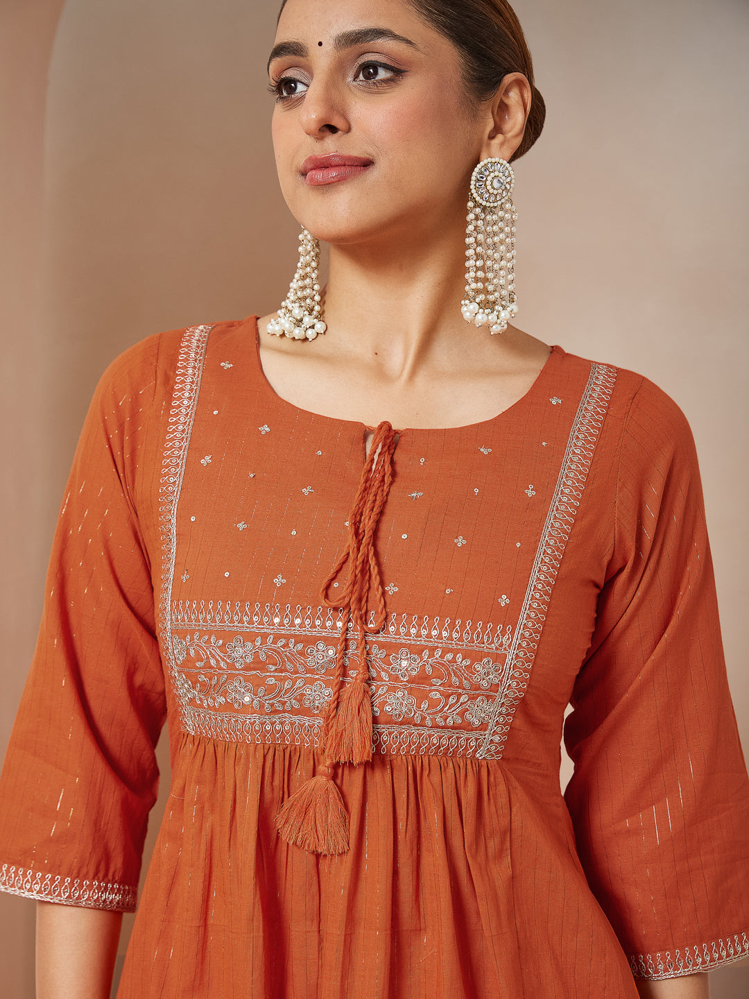 Ninnique Women's Orange Pure Cotton Embroidered A-line Kurta Set
