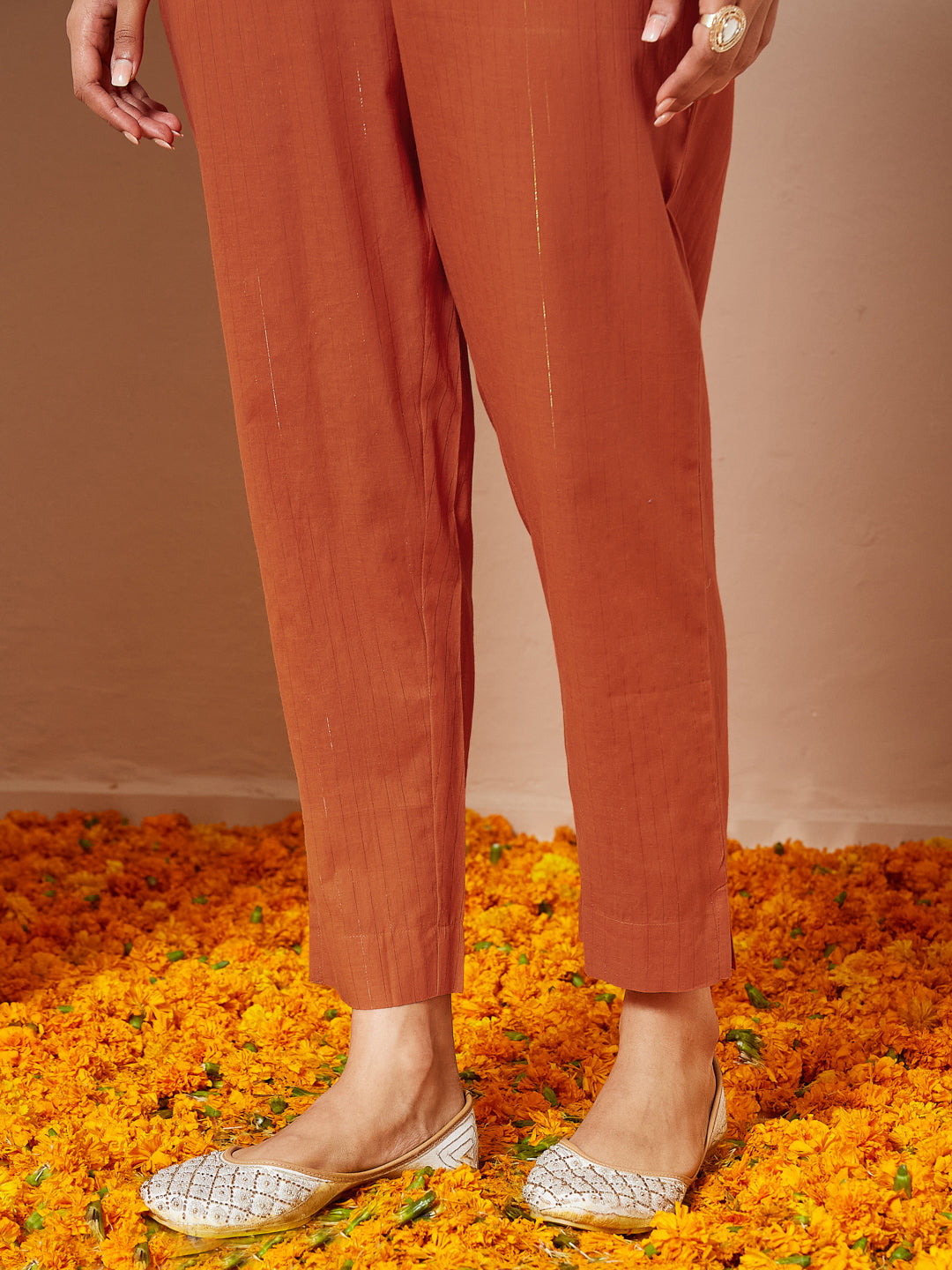 Ninnique Women's Orange Pure Cotton Embroidered A-line Kurta Set