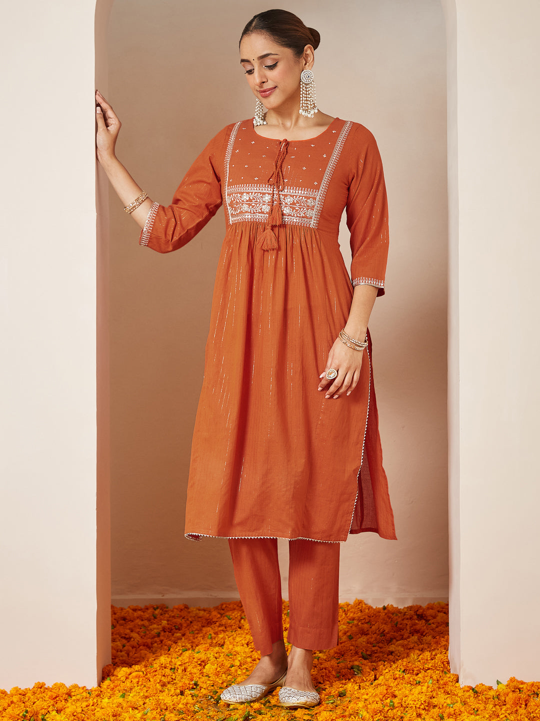 Ninnique Women's Orange Pure Cotton Embroidered A-line Kurta Set