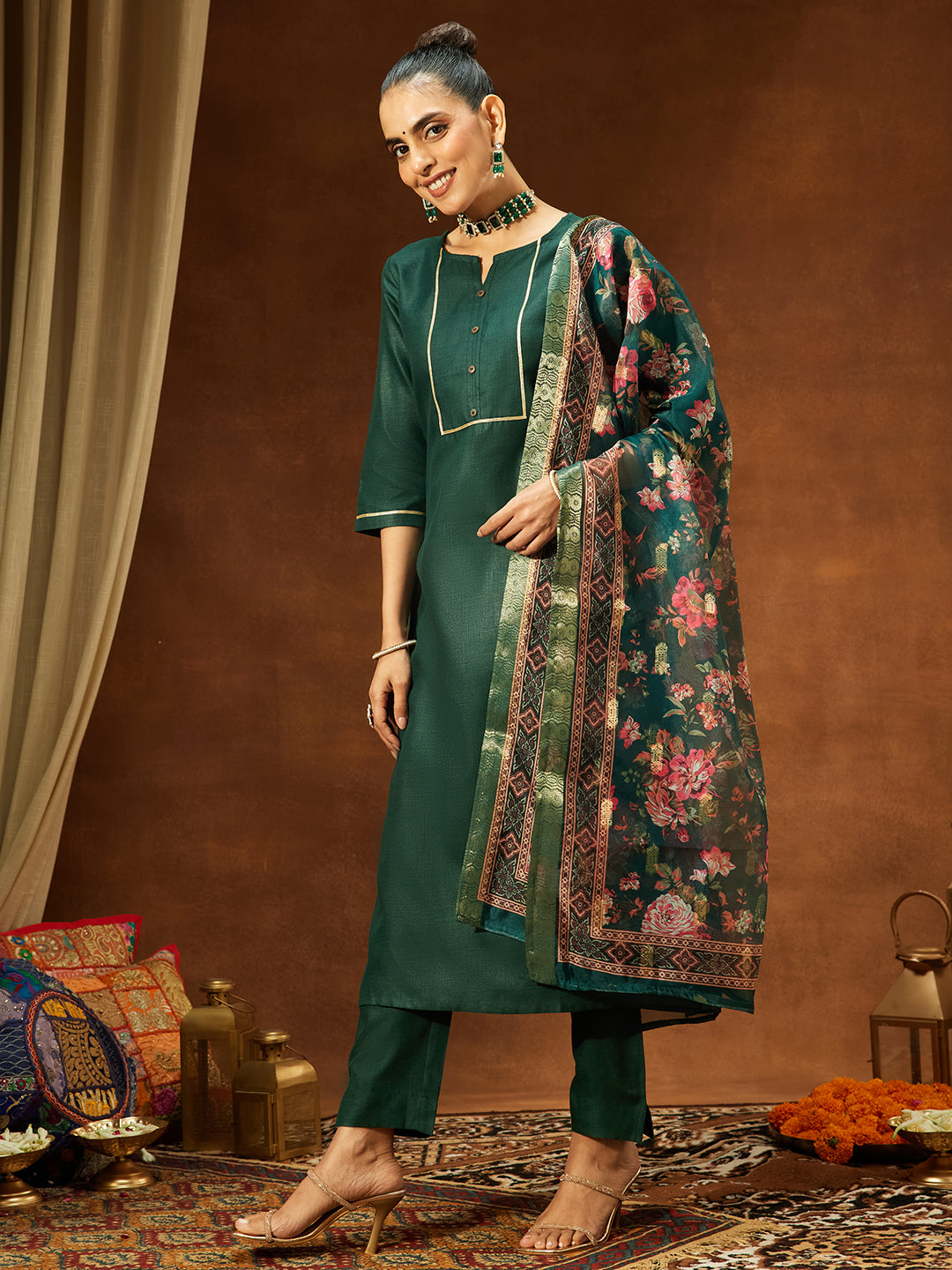 Ninnique Women's Dark Green Cotton Blend Yoke Design Straight Kurta Set With Printed Dupatta