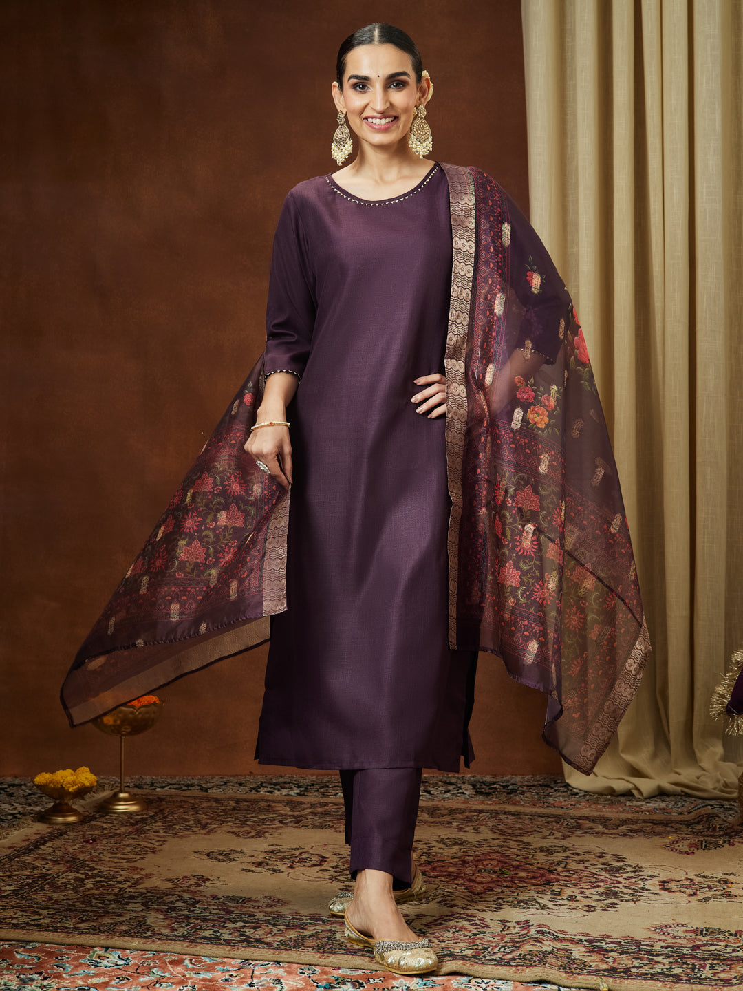 Ninnique Women's Wine Cotton Blend Solid Straight Kurta Set With Printed Dupatta