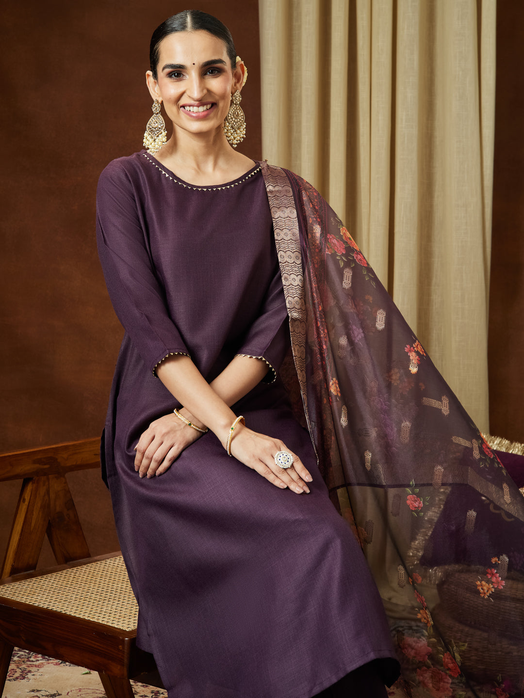 Ninnique Women's Wine Cotton Blend Solid Straight Kurta Set With Printed Dupatta