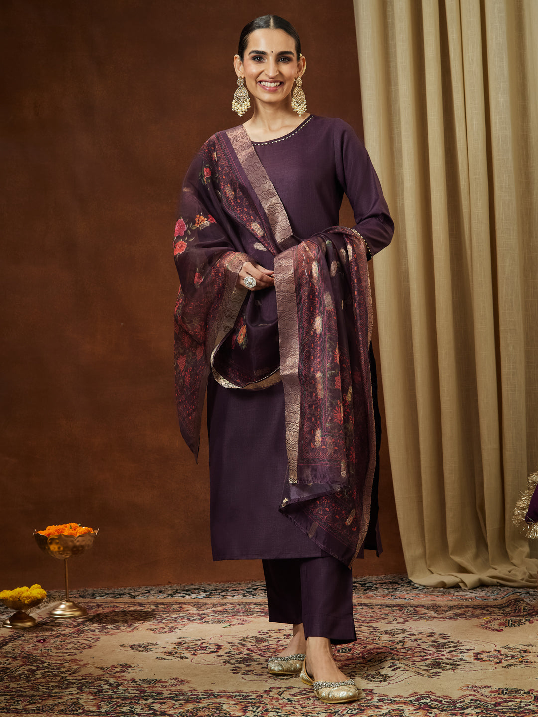 Ninnique Women's Wine Cotton Blend Solid Straight Kurta Set With Printed Dupatta