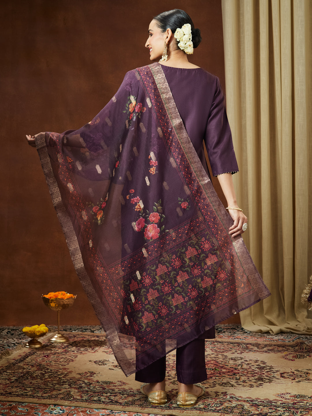Ninnique Women's Wine Cotton Blend Solid Straight Kurta Set With Printed Dupatta
