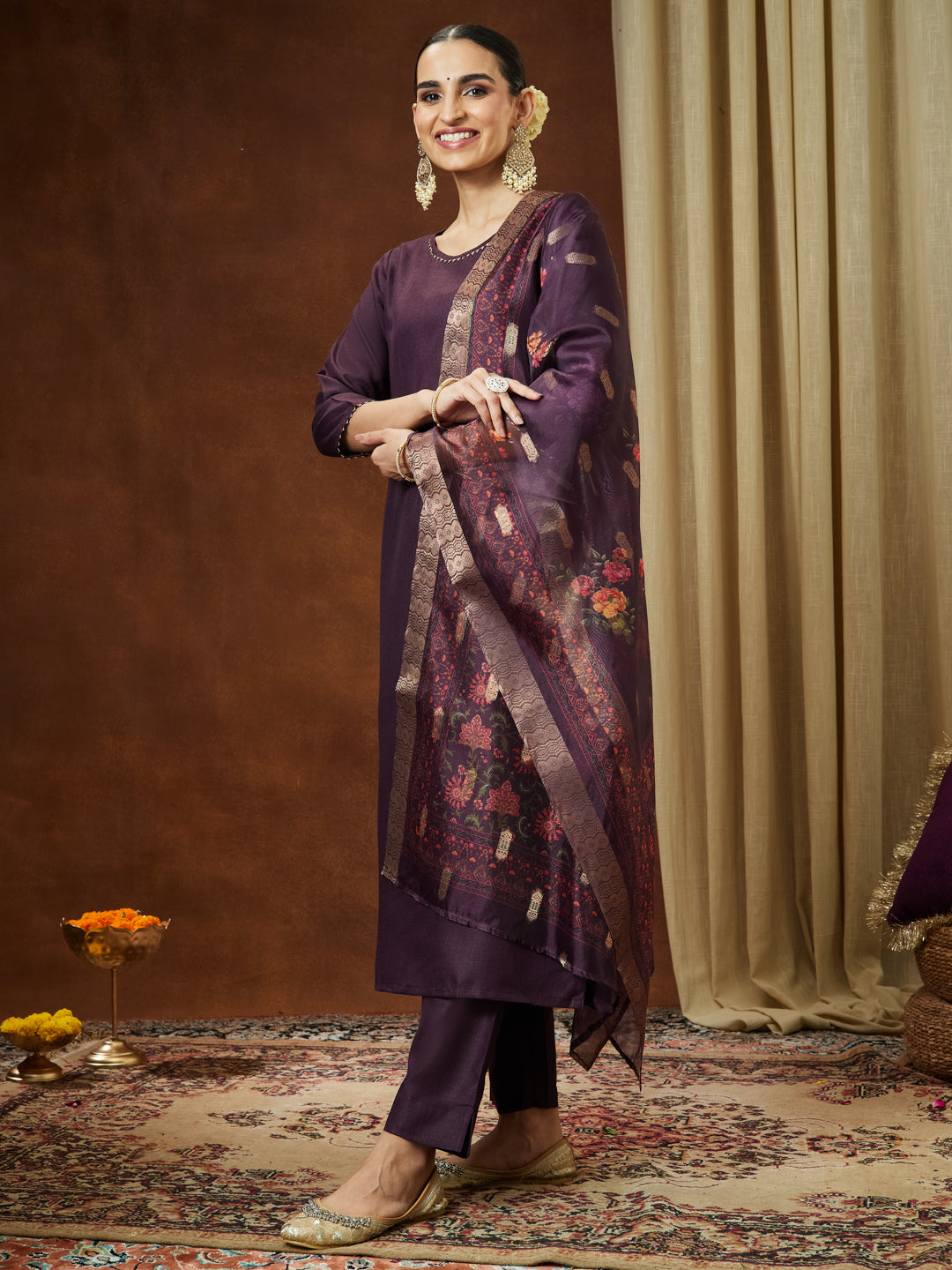 Ninnique Women's Wine Cotton Blend Solid Straight Kurta Set With Printed Dupatta
