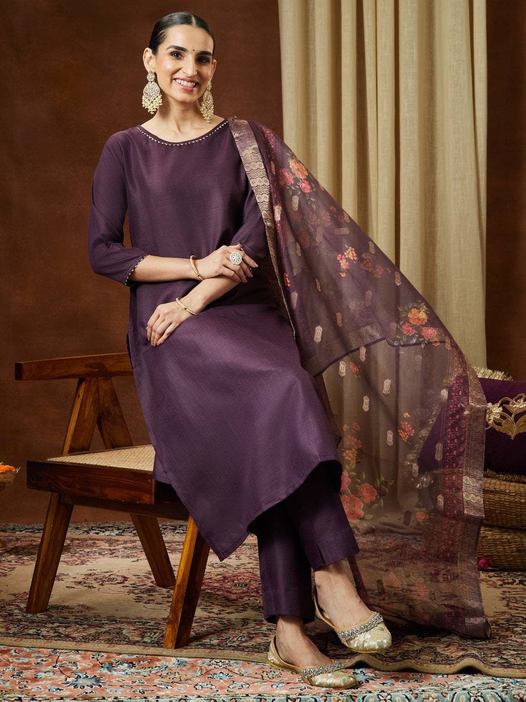 Ninnique Women's Wine Cotton Blend Solid Straight Kurta Set With Printed Dupatta