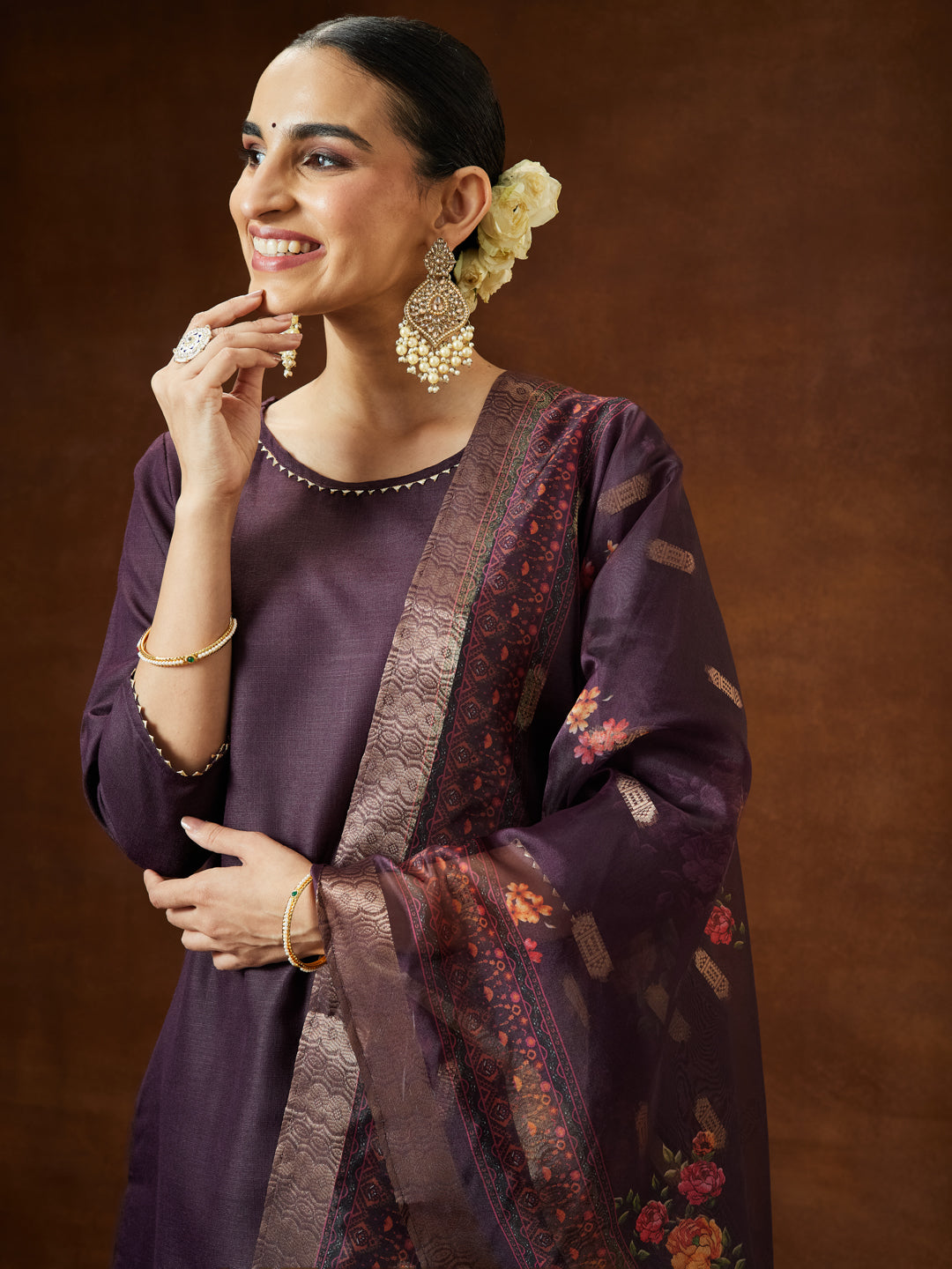 Ninnique Women's Wine Cotton Blend Solid Straight Kurta Set With Printed Dupatta