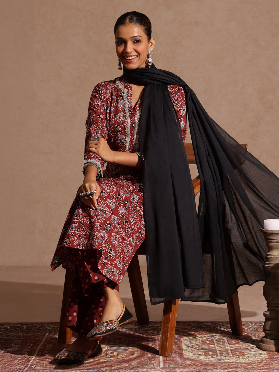 Ninnique Women's Maroon Pure Cotton Floral Printed Straight Kurta Set