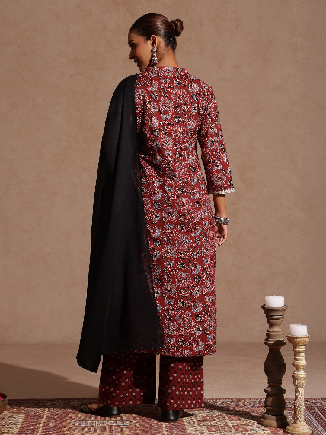 Ninnique Women's Maroon Pure Cotton Floral Printed Straight Kurta Set