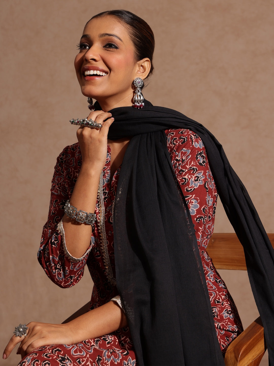 Ninnique Women's Maroon Pure Cotton Floral Printed Straight Kurta Set