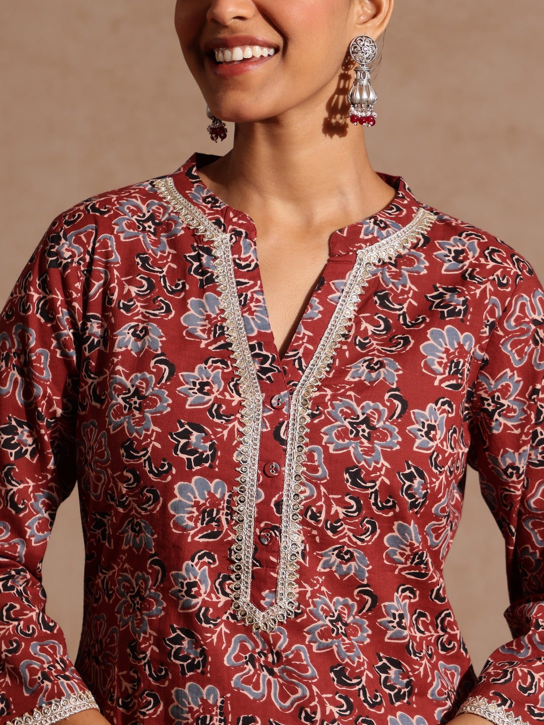 Ninnique Women's Maroon Pure Cotton Floral Printed Straight Kurta Set