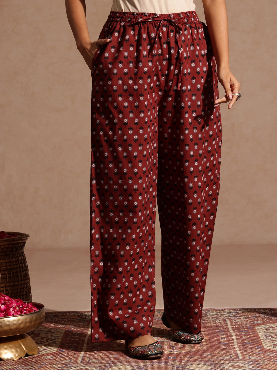 Ninnique Women's Maroon Pure Cotton Floral Printed Straight Kurta Set