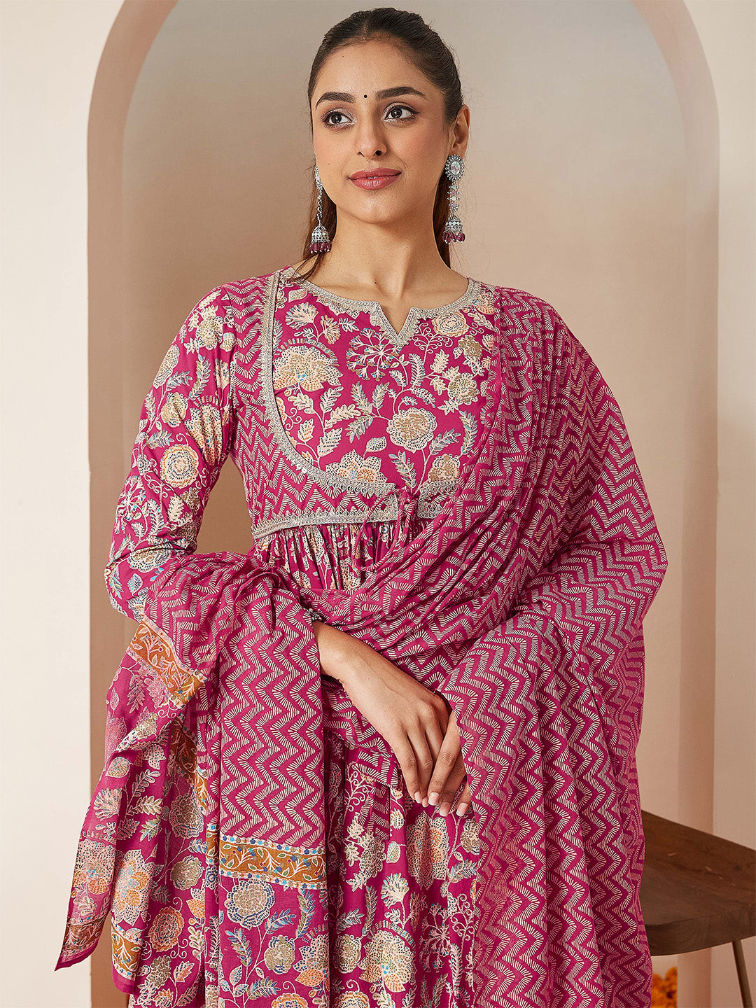 Ninnique Women's Pink Pure Cotton Embellished Floral Printed A-line Kurta Set
